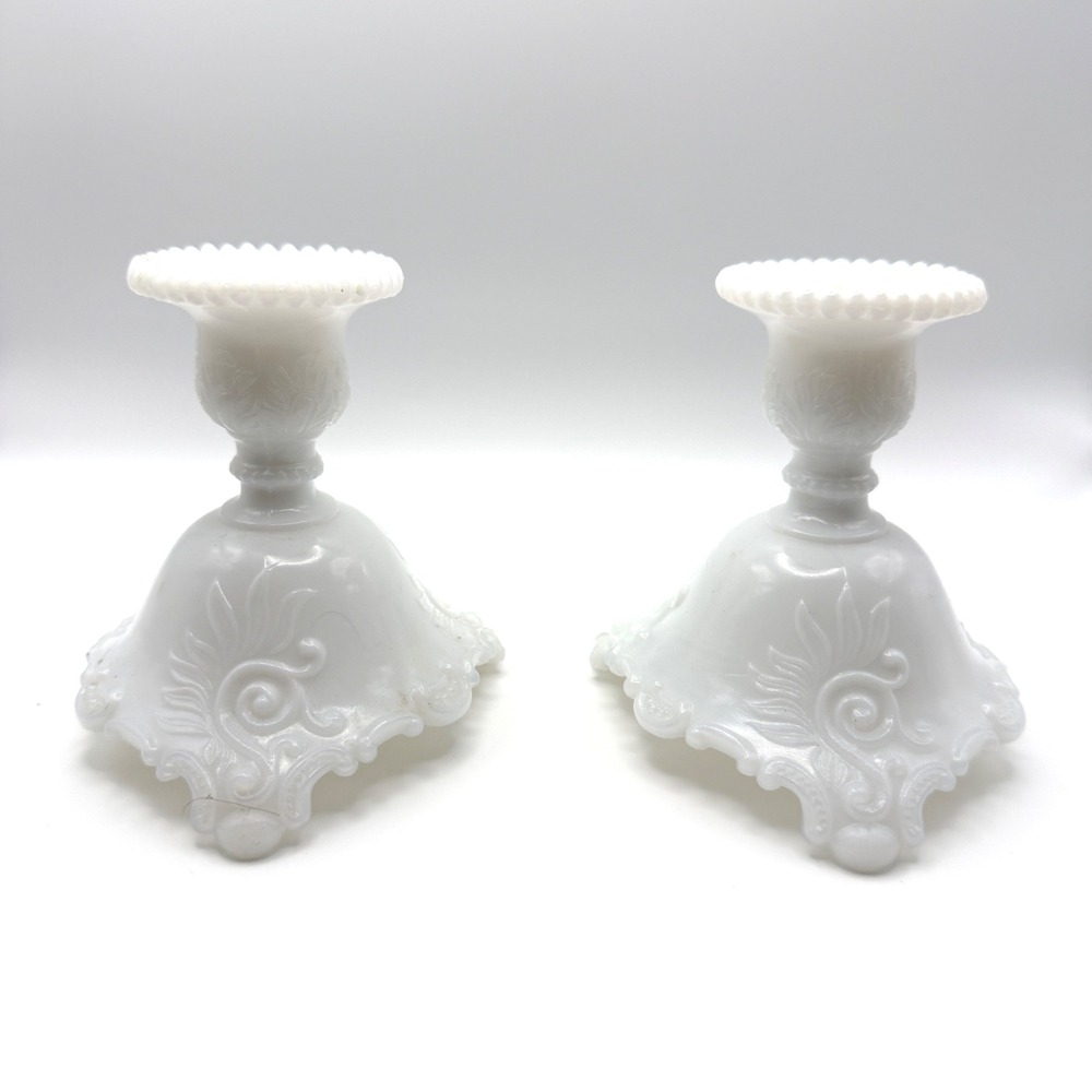 Westmoreland Candle Holder Scroll & Lace Set White Milk Glass Beaded VTG Wedding